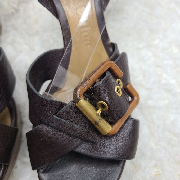 Chloe brown leather ankle wrap wedge sandals 36.5 - Picture 4 of 10